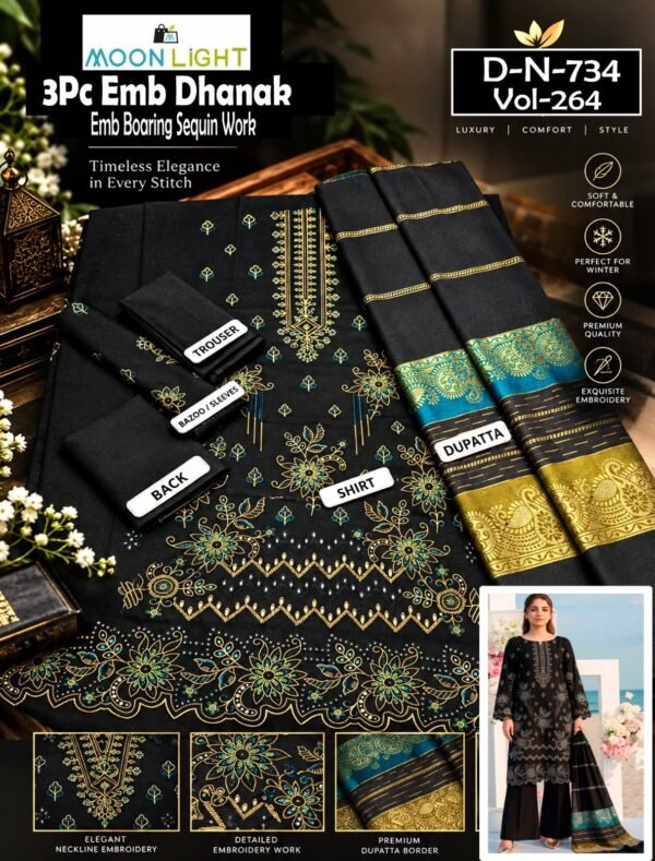 DHANAK 3PC BOARING WORK ESHAAL ANSARI SEQUIN DAMAN DESIGNER VOL-264-Set Of 06 Dresses