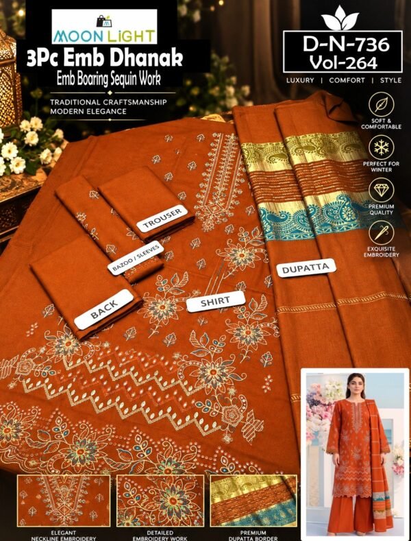 DHANAK 3PC BOARING WORK ESHAAL ANSARI SEQUIN DAMAN DESIGNER VOL-264-Set Of 06 Dresses