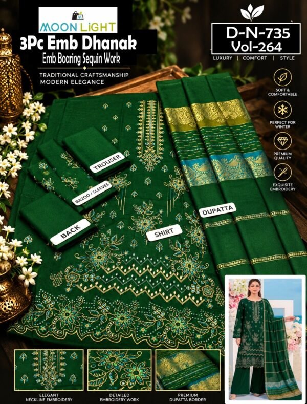 DHANAK 3PC BOARING WORK ESHAAL ANSARI SEQUIN DAMAN DESIGNER VOL-264-Set Of 06 Dresses