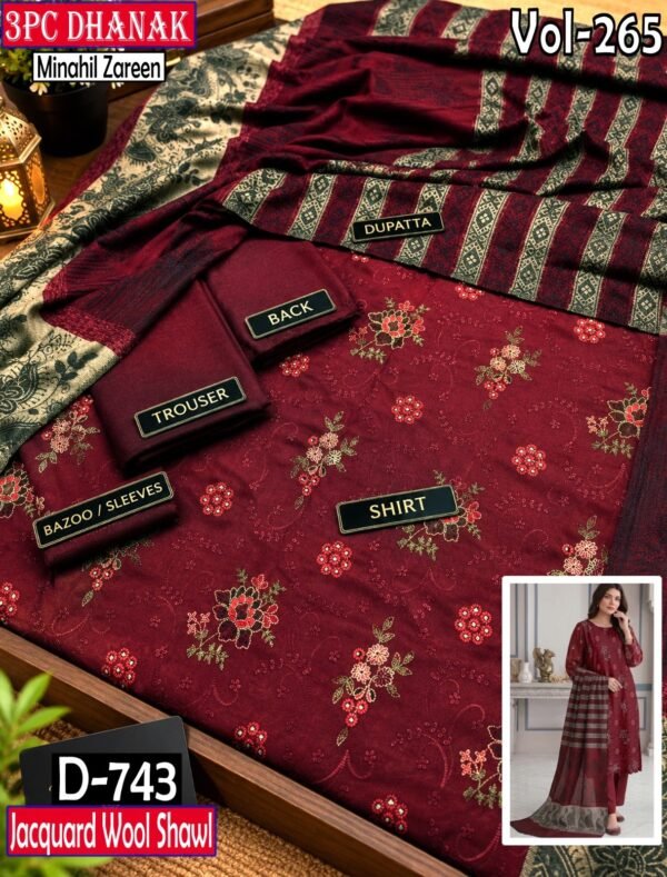 DHANAK 3PC EMBROIDERED SEQUIN MINAHIL ZAREEN JACQUARD WOOL SHAWL DESIGNER VOL-265-D-743