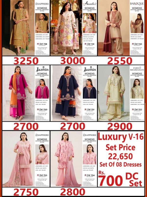 MIX BRANDS 3PC EMBROIDERED LUXURY DESIGNER LAWN VOL-16-Set Of 8 Dresses